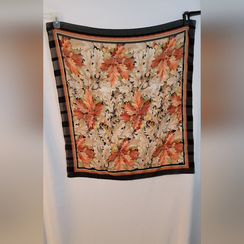 Vintage Scarf Made in Italy Leaves in Black, Orange, Brown Tones - Picture 1 of 7